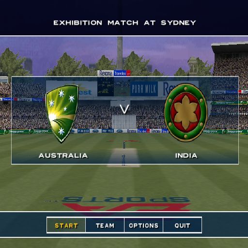 Cricket 2004 (PlayStation 2) screenshot: Before the match starts there's a flyby of the ground, a close up of the wicket and so on. The options at the bottom of the screen allow the player to change the team and configure the game