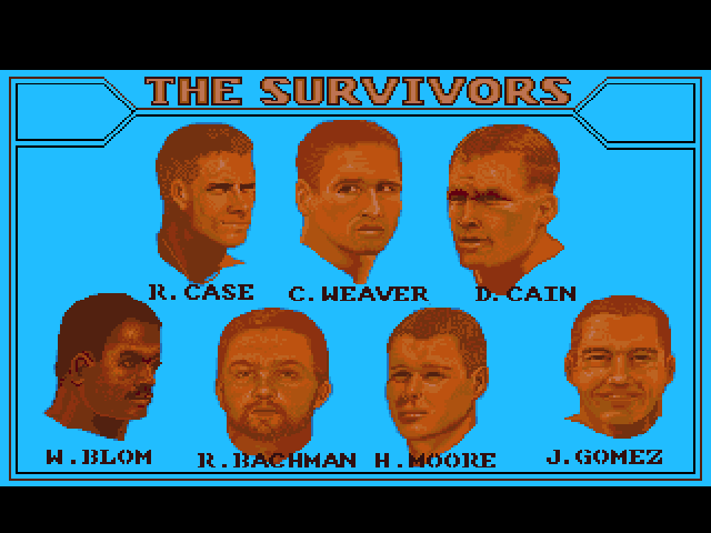 Lost Patrol (Amiga) screenshot: The list of survivors from the crash, the team you will lead.