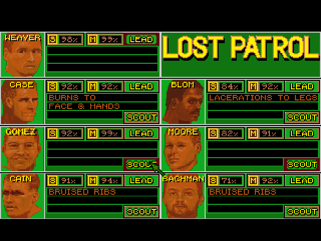 Lost Patrol (Amiga) screenshot: You should always be aware of your men's condition, who's in charge and who is the scout.