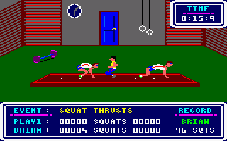 Brian Jacks Superstar Challenge (Amstrad CPC) screenshot: Squat Thrusts.
