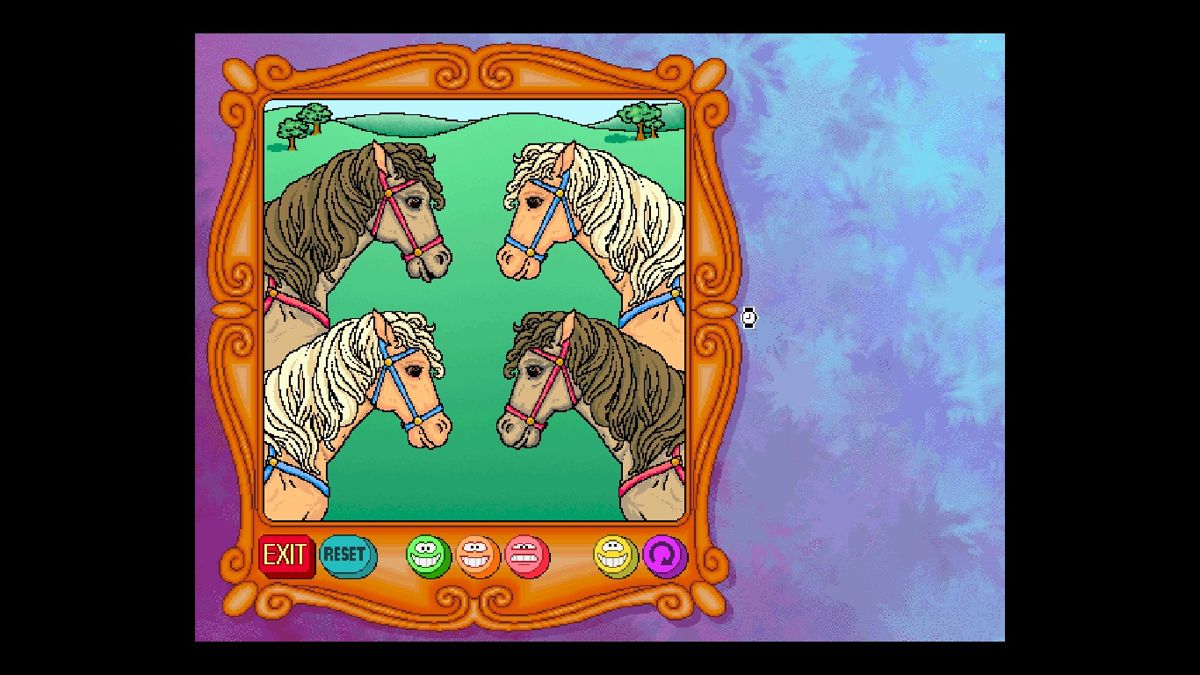 Math Workshop (Windows) screenshot: Puzzle complete! Greeted by talking horses telling a seriously lame joke.