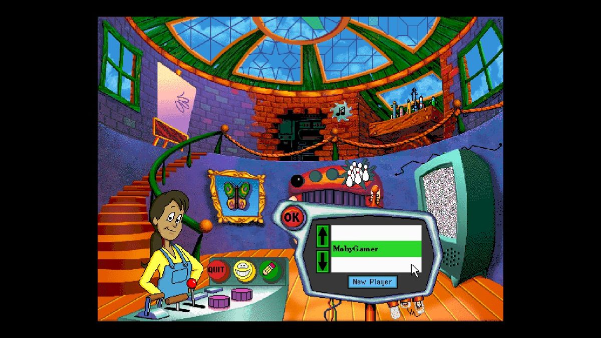 Math Workshop (Windows) screenshot: Control room - A voice over of Pauli González (shown here) instructs the player to enter a name. She then informs the player to click on any object in the control room for further activities.