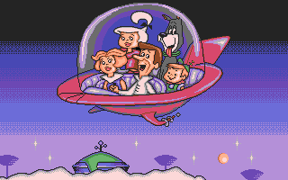 Jetsons: The Computer Game (DOS) screenshot: The Jetsons family flight at Introduction.