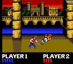 Double Dragon (NES) screenshot: VS. Mode: Williams stabs his double.