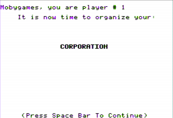 Conglomerates Collide (Apple II) screenshot: Forming my Corporation