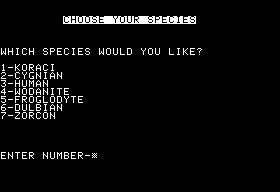 Galactic Adventures (Apple II) screenshot: Choosing species for a new game.