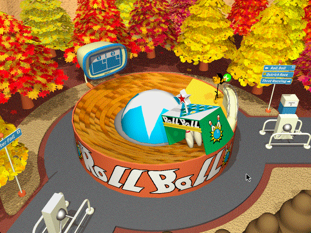 Jungle Park (Macintosh) screenshot: It's basically circular bowling. Instead of rolling a ball straight, it gets rolled along the angled circular track to try to hit pins on the far end.