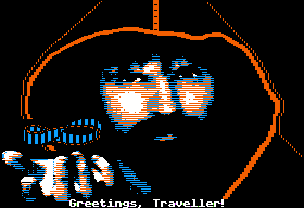 Moebius: The Orb of Celestial Harmony (Apple II) screenshot: Greetings from Moebius.