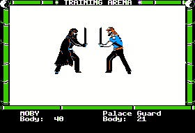 Moebius: The Orb of Celestial Harmony (Apple II) screenshot: Sword fighting training.