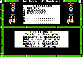 Moebius: The Orb of Celestial Harmony (Apple II) screenshot: The Book of Moebius, where you create and train characters.
