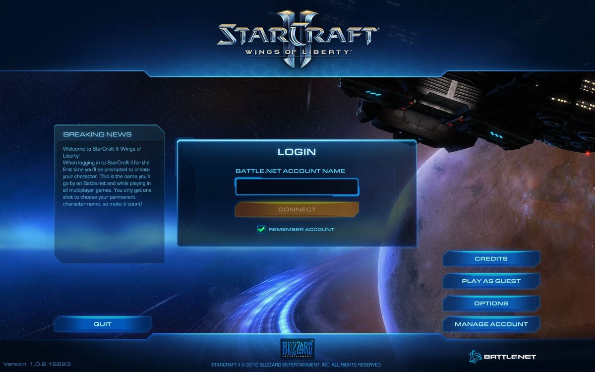 StarCraft II: Wings of Liberty (Windows) screenshot: Login screen