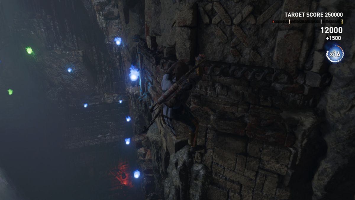 Shadow of the Tomb Raider: The Pillar (Windows) screenshot: Lara during a score attack run and a 16x combo