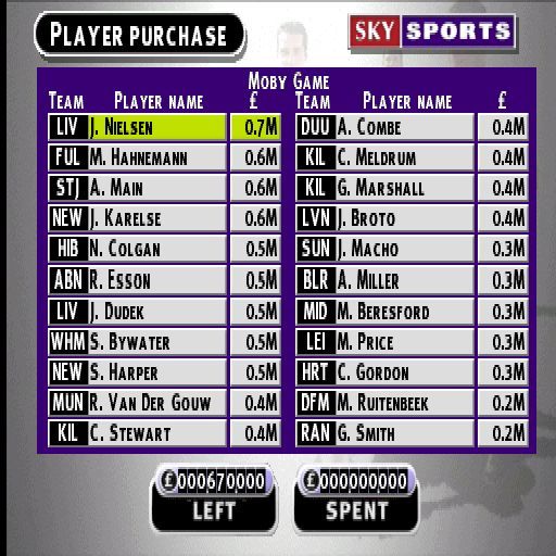 Sky Sports Football Quiz (PlayStation) screenshot: In the Dream team game questions are linked to a position on the pitch. When that round of questions is complete the player spends their cash on buying a footballer