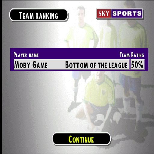 Sky Sports Football Quiz (PlayStation) screenshot: At the end of a Dream team game the player will end up with a selection of players they have bought and a rating