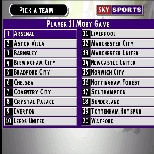 Sky Sports Football Quiz (PlayStation) screenshot: The start of a League game. In the beginning the player chooses a team to represent them