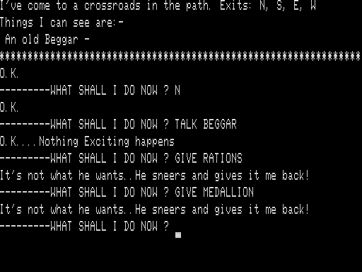 Arrow of Death: Part I (TRS-80) screenshot: Beggar Does Not Want Food