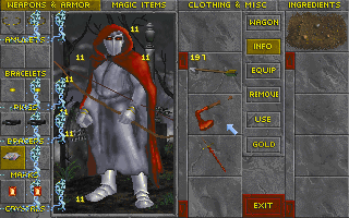 The Elder Scrolls: Chapter II - Daggerfall (DOS) screenshot: There is no end to character variety in this game. Check out this high-level freak with plenty of magical things equipped!