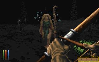 The Elder Scrolls: Chapter II - Daggerfall (DOS) screenshot: A mysterious cave, a shape-shifting woman (she'll turn into a man in a second)... oh my! But I have my bow, so what am I afraid of?..