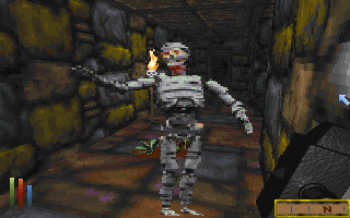 The Elder Scrolls: Chapter II - Daggerfall (DOS) screenshot: Didn't your mummy tell you never to attack mid-level strangers with big hammers?.. Get it? "Your mummy"?.. Hahaha. Ha!..