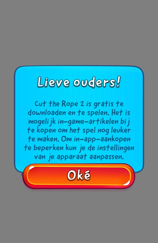 Cut the Rope 2 (Android) screenshot: A warning screen for parents informing them they can limit in-app purchases (Dutch version).