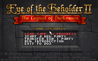 Eye of the Beholder II: The Legend of Darkmoon (DOS) screenshot: Main menu