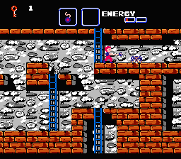 The Goonies II (NES) screenshot: Fighting purple guys on a stony level