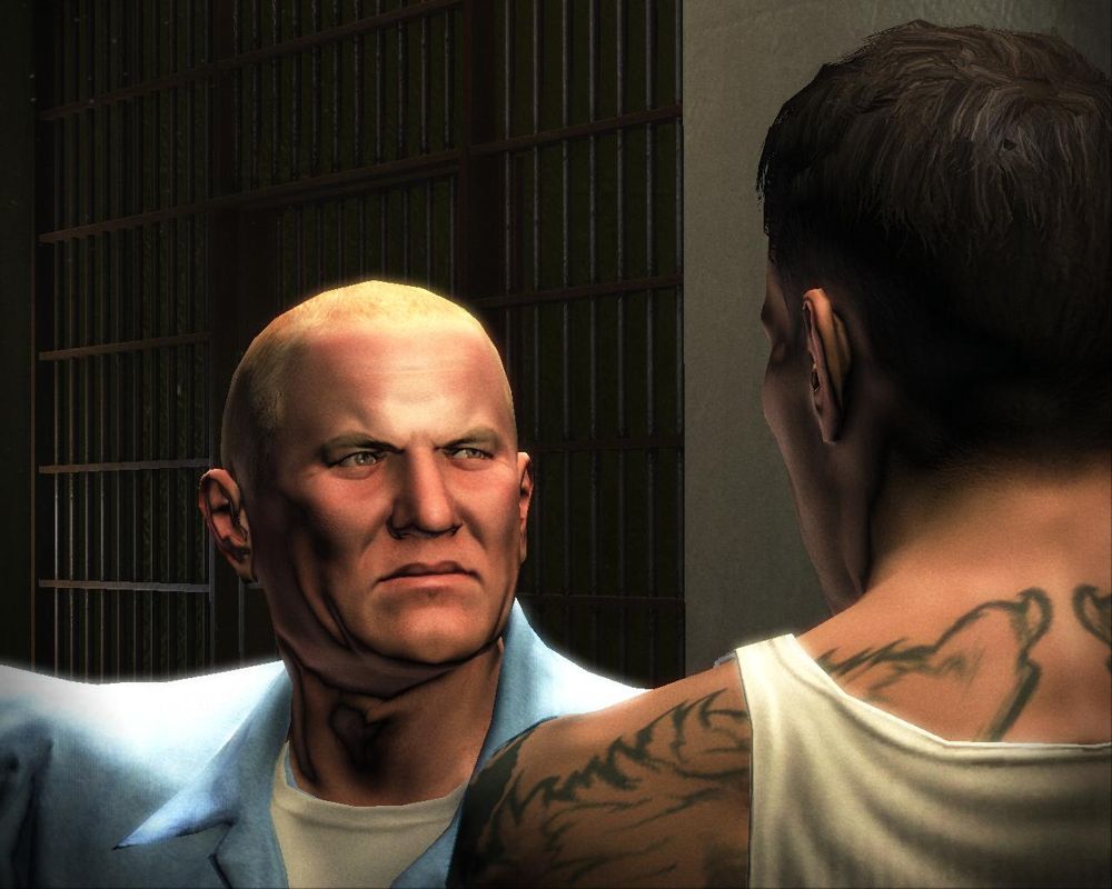 Prison Break: The Conspiracy (Windows) screenshot: Meeting Mannix in the prison, Paxton has a tattoo