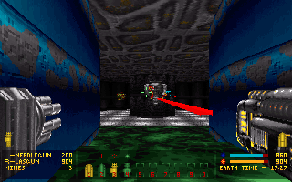 MadSpace (DOS) screenshot: Firing the basic laser at an enemy.