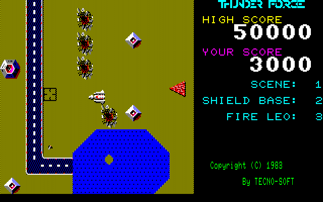 Thunder Force (Sharp X1) screenshot: Bombing the ground targets