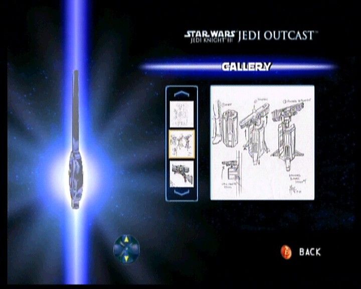 Star Wars: Jedi Knight II - Jedi Outcast (Xbox) screenshot: XBox extras contain some game artwork among other things.