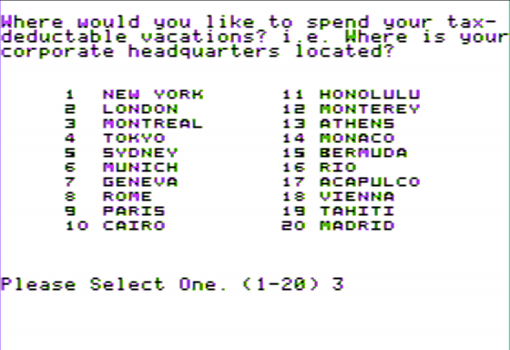 Conglomerates Collide (Apple II) screenshot: Montreal, so I can Watch Les Canadiens Play