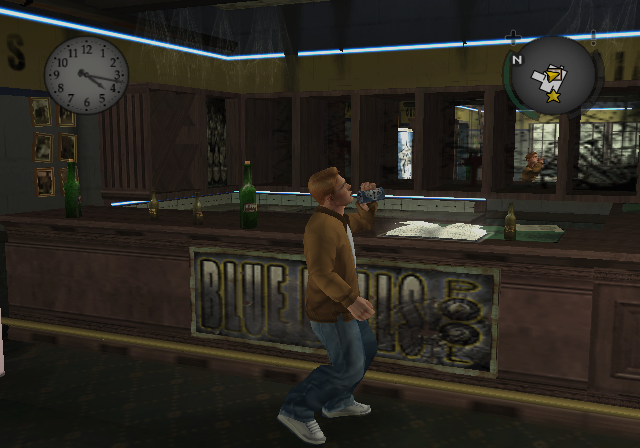 Bully (PlayStation 2) screenshot: Cheers, Jimmy! Drink and celebrate the conquest of this bar!