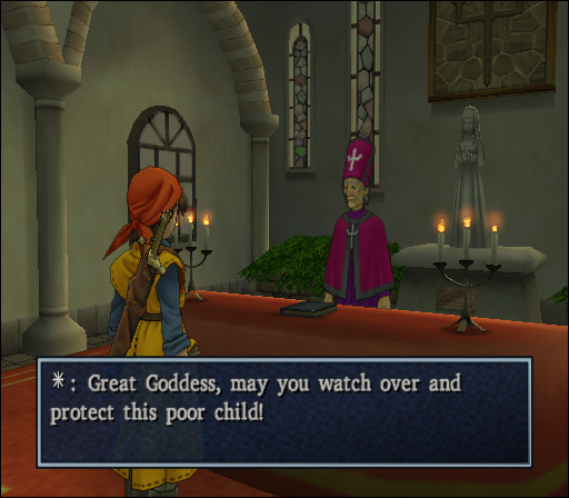 Dragon Quest VIII: Journey of the Cursed King (PlayStation 2) screenshot: One of the game's many "functional" churches, where a priest saves your game as per series' rule