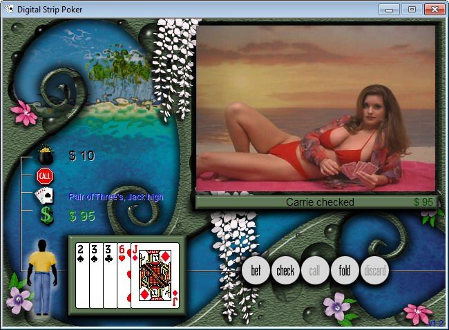 Digital Strip Poker featuring Kelly Monaco, Layla Roberts and Carrie Stevens (Windows) screenshot: Carrie checked (Carrie Stevens round 1)