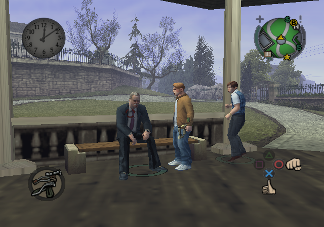 Bully (PlayStation 2) screenshot: I just wanted to talk to this old guy in the park... ask him about his life, this kind of thing. But that student attacked me!.. Why? Why?!..