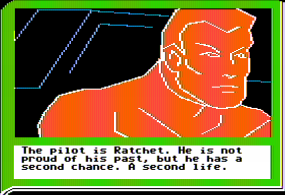 Gamma Force in Pit of a Thousand Screams (Apple II) screenshot: Ratchet the Human Pilot