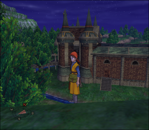 Dragon Quest VIII: Journey of the Cursed King (PlayStation 2) screenshot: The game is full of awesome views. The hero observes this castle from a nearby hill at night