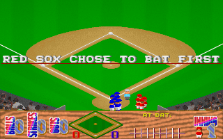 YAB! Baseball (DOS) screenshot: The players take the field, the referee tosses a coin, and the game begins