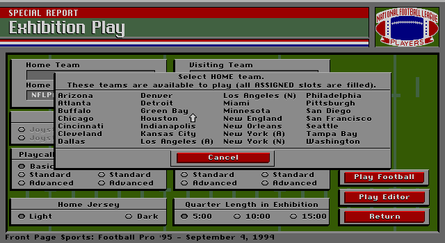 Front Page Sports: Football Pro '95 (DOS) screenshot: Selecting a team during the Exhibition Play