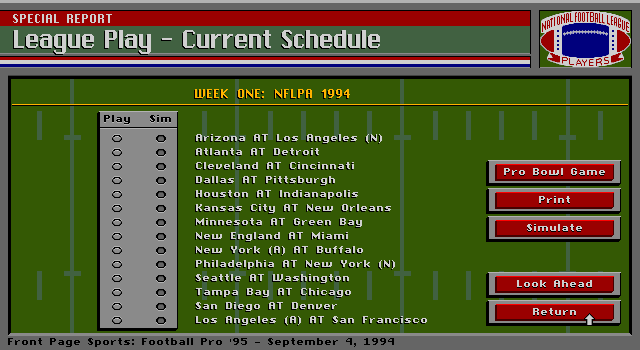 Front Page Sports: Football Pro '95 (DOS) screenshot: Schedule for the League Play