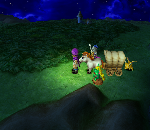 Dragon Quest V: Tenkū no Hanayome (PlayStation 2) screenshot: World map exploration at night, with a horse carriage!
