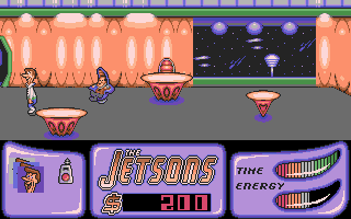 Jetsons: The Computer Game (DOS) screenshot: George has to avoid Mr. Spacely.