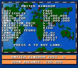 Theme Park (SNES) screenshot: Read statistics on a country before setting up a park there
