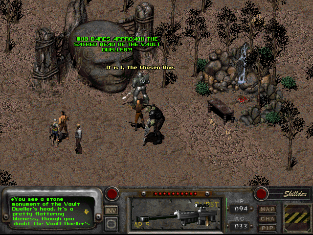 Fallout 2 (Windows) screenshot: The Chosen One meets the Vault Dweller's humongous head