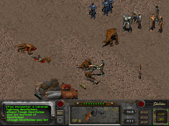 Fallout 2 (Windows) screenshot: Really big four-way battle