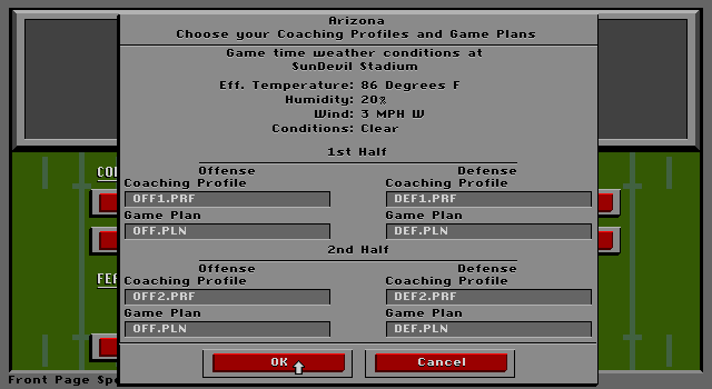 Front Page Sports: Football Pro '95 (DOS) screenshot: Adjusting the QuickStart match