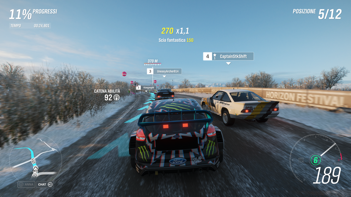 Forza Horizon 4 (Windows Apps) screenshot: Hoonigan Ford Focus RS RX chase view, Winter season on race on dirt event