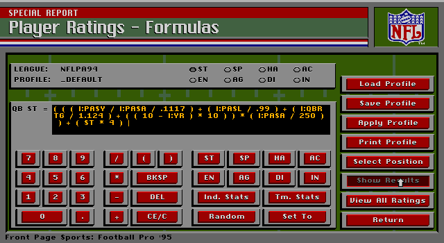 Front Page Sports: Football Pro '95 (DOS) screenshot: Formula for the player's rating