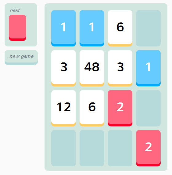 Threes JS (Browser) screenshot: I've got an 48, but now it will take quite some moves until I have another one to match it.