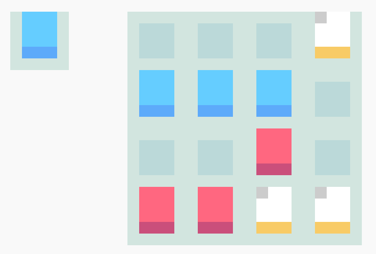 Threes: The Demake (Browser) screenshot: Start of the game with lots of red and blue tiles.